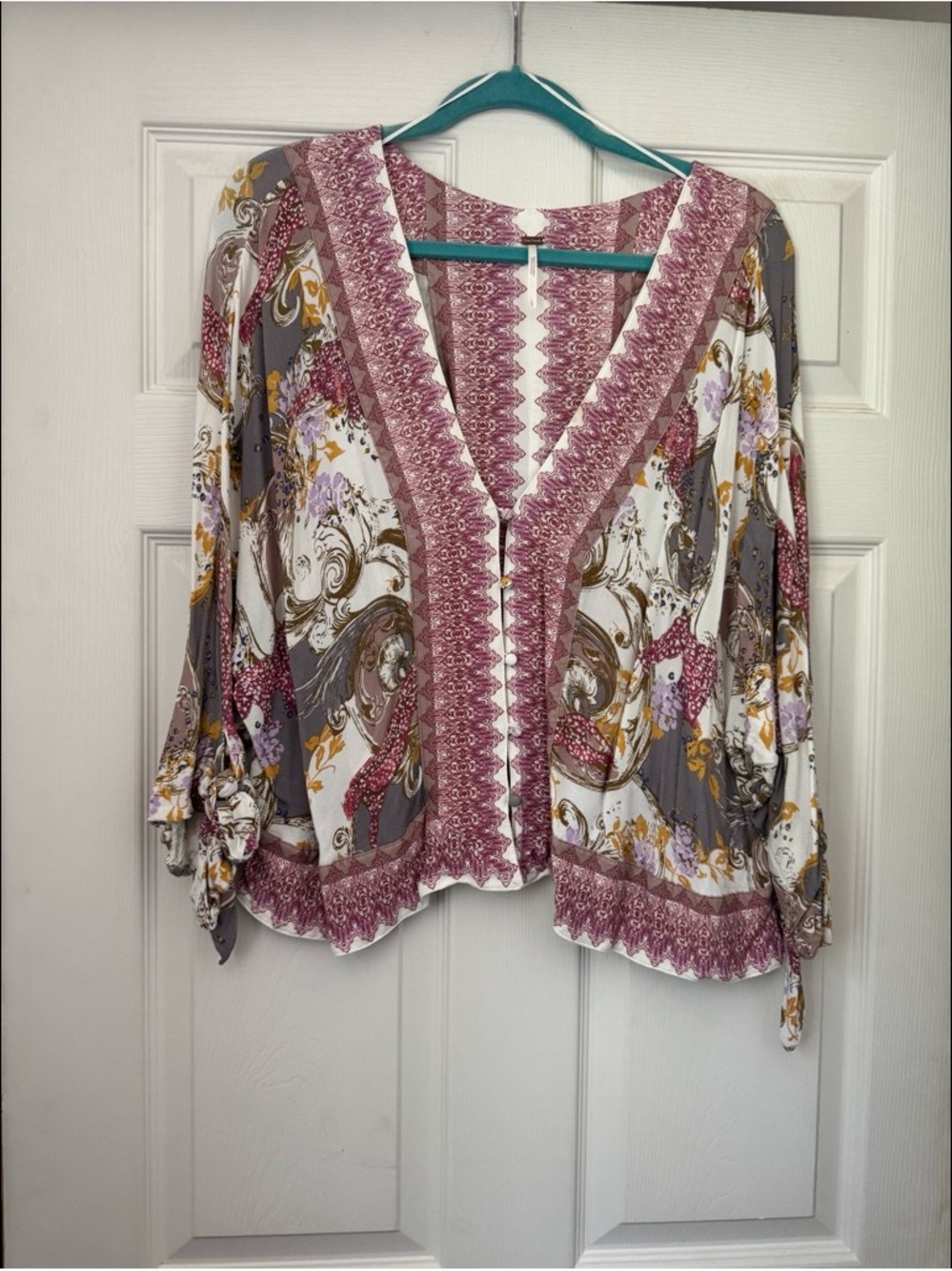 Free People Floral Paisley V-Neck Tie-Sleeve Blouse - Pink, Gray & Cream